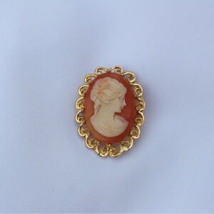 Vintage Oval Filigree Cameo Brooch, Rustic Orange & beige Lady Victorian Brooch